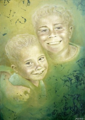 Ölbild einer Frau, die einen roten Kater streichelt